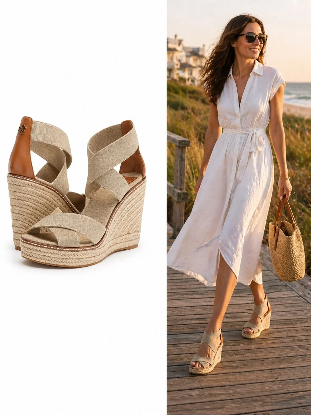 Tory Burch Adonis Wedge Espadrille Sandal 11 Gold Khaki Platform Logo EUC $398